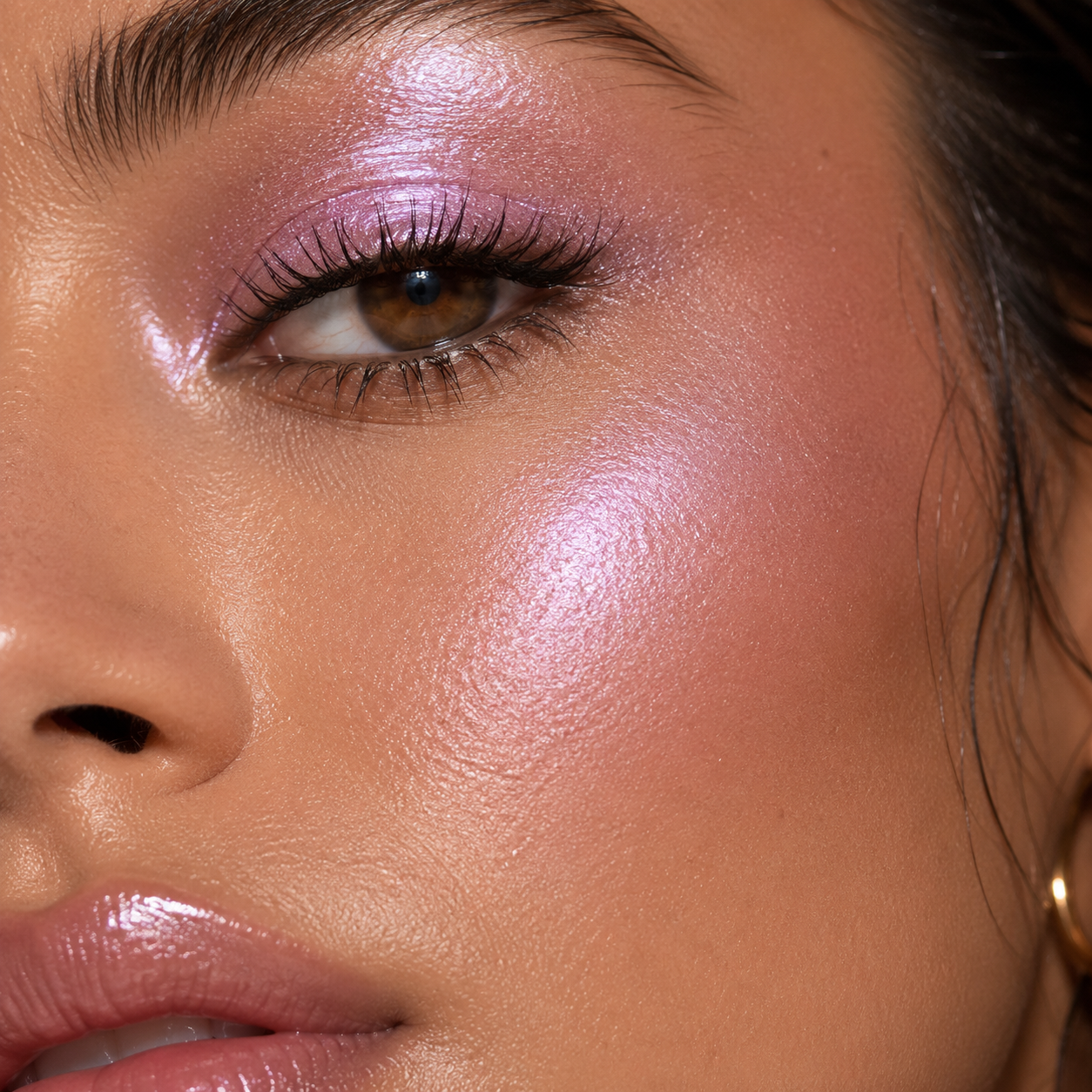 Edertas high-shine pink shimmer on eyes and cheekbones
